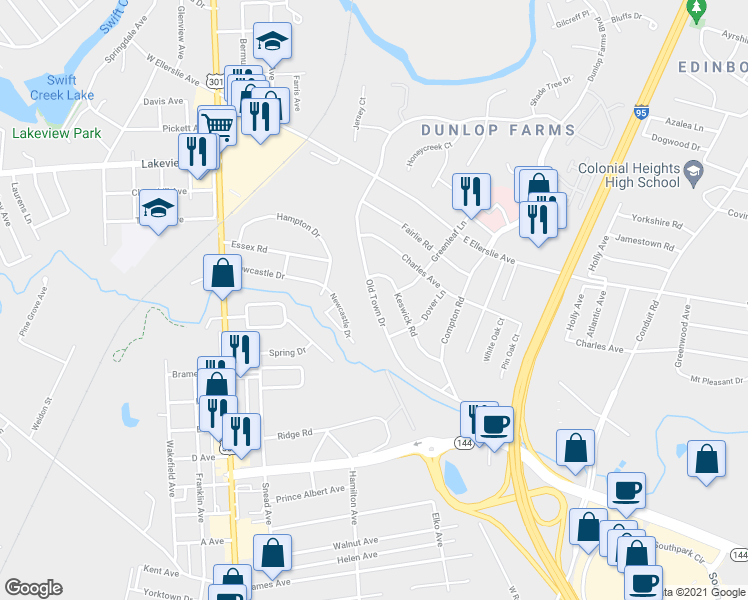 map of restaurants, bars, coffee shops, grocery stores, and more near 700 Old Town Drive in Colonial Heights