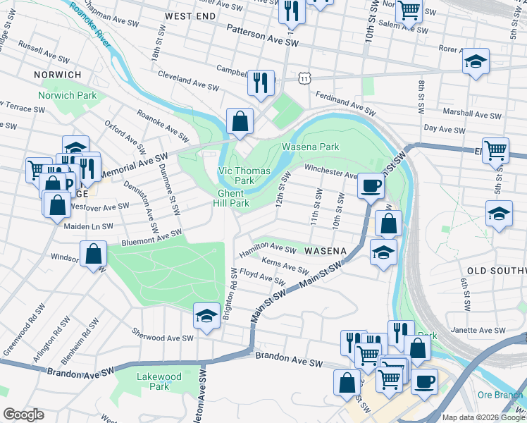 map of restaurants, bars, coffee shops, grocery stores, and more near 1224 Wasena Avenue Southwest in Roanoke