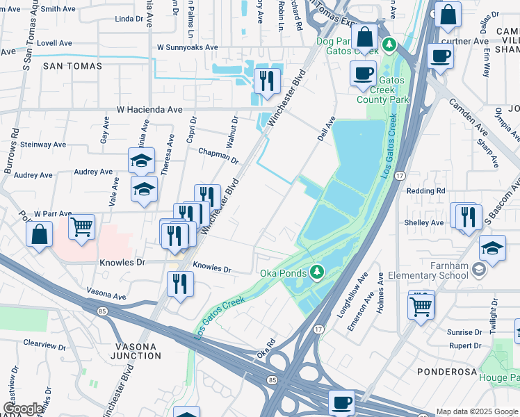 map of restaurants, bars, coffee shops, grocery stores, and more near 1551 Dell Avenue in Campbell