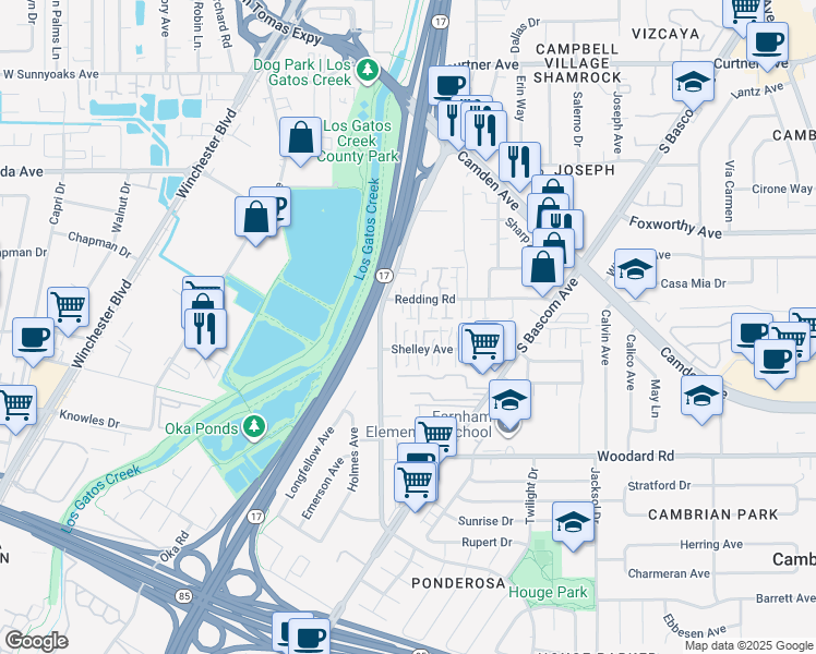 map of restaurants, bars, coffee shops, grocery stores, and more near 85 Shelley Avenue in Campbell