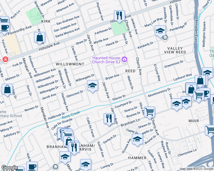 map of restaurants, bars, coffee shops, grocery stores, and more near 4061 Ross Park Drive in San Jose