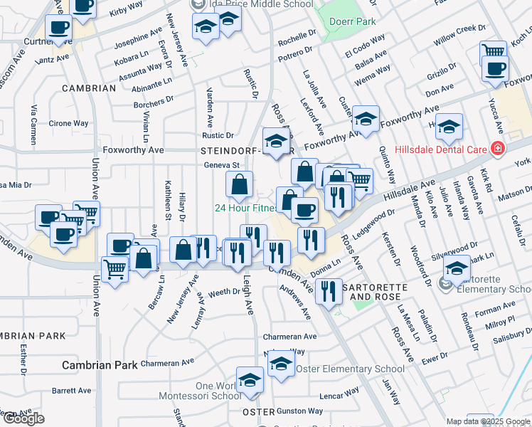 map of restaurants, bars, coffee shops, grocery stores, and more near 3272 Kimber Court in San Jose