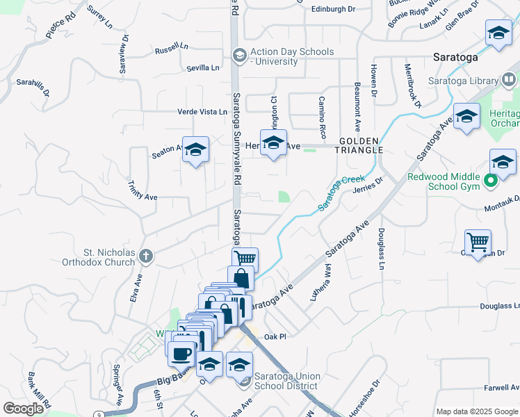 map of restaurants, bars, coffee shops, grocery stores, and more near 20442 Gerald Zappelli Court in Saratoga
