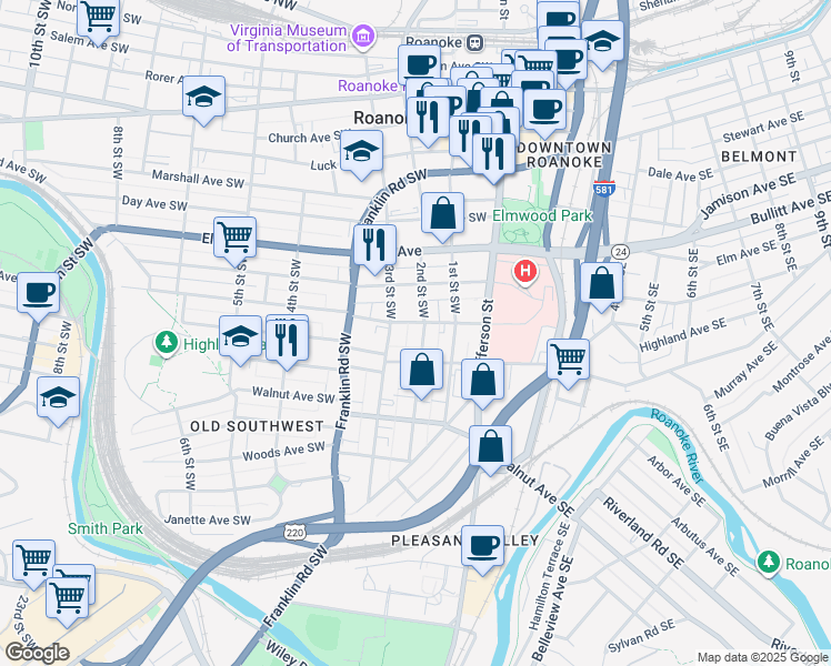 map of restaurants, bars, coffee shops, grocery stores, and more near 212 Highland Avenue Southwest in Roanoke