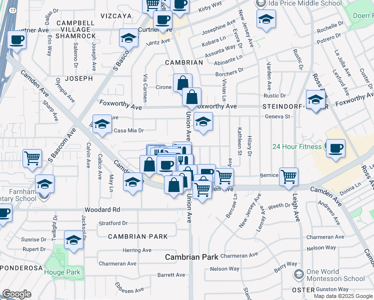 map of restaurants, bars, coffee shops, grocery stores, and more near 3233 Union Avenue in San Jose