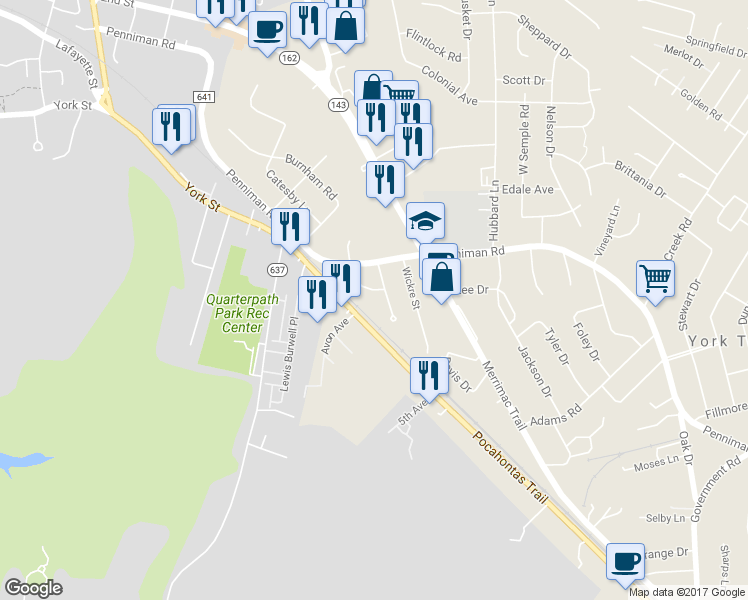 map of restaurants, bars, coffee shops, grocery stores, and more near 15 Monument Drive in Williamsburg