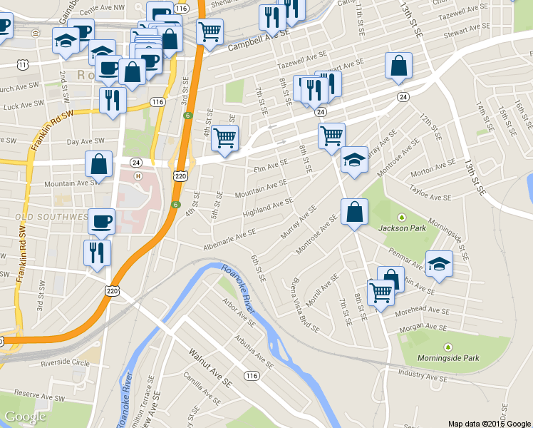 map of restaurants, bars, coffee shops, grocery stores, and more near 629 Highland Ave SE in Roanoke