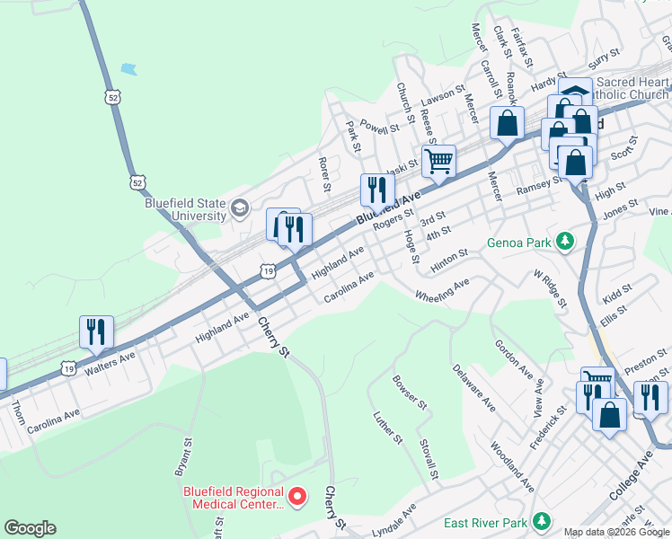 map of restaurants, bars, coffee shops, grocery stores, and more near 812 Highland Avenue in Bluefield