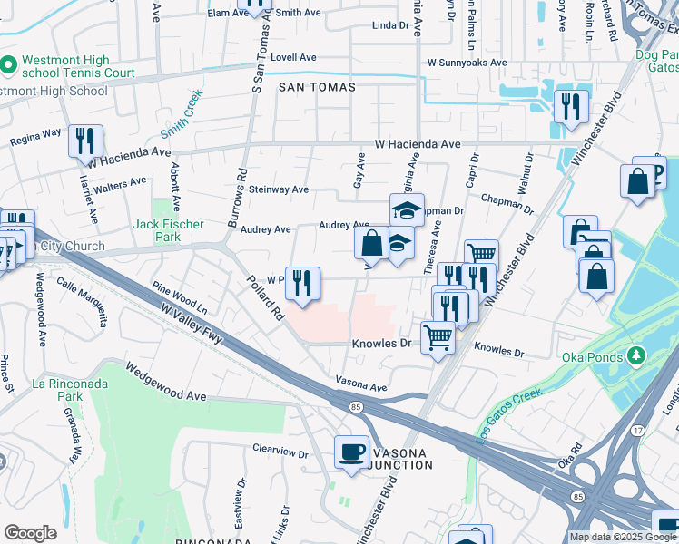 map of restaurants, bars, coffee shops, grocery stores, and more near 1057 West Parr Avenue in Campbell