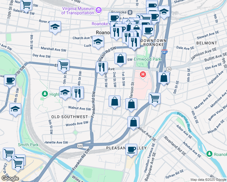 map of restaurants, bars, coffee shops, grocery stores, and more near 1005 2nd Street Southwest in Roanoke