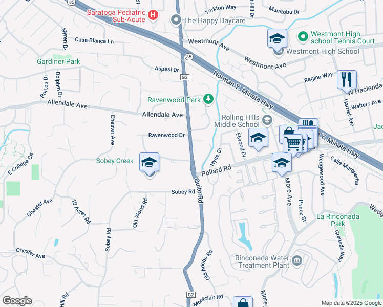 map of restaurants, bars, coffee shops, grocery stores, and more near Quito Road in Saratoga