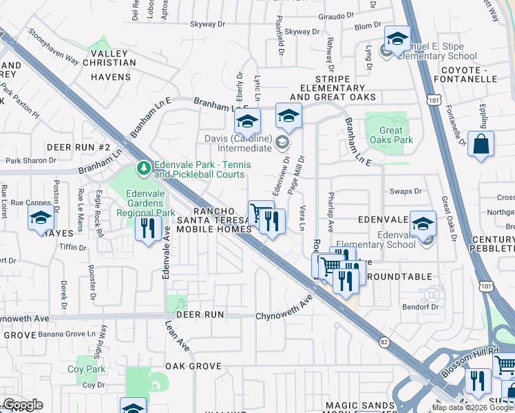 map of restaurants, bars, coffee shops, grocery stores, and more near 91 Cappy Court in San Jose