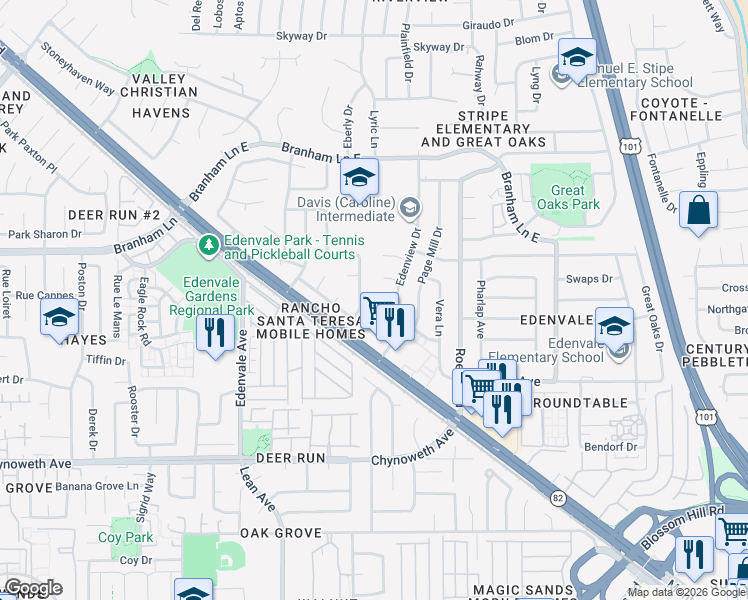 map of restaurants, bars, coffee shops, grocery stores, and more near 91 Cappy Court in San Jose
