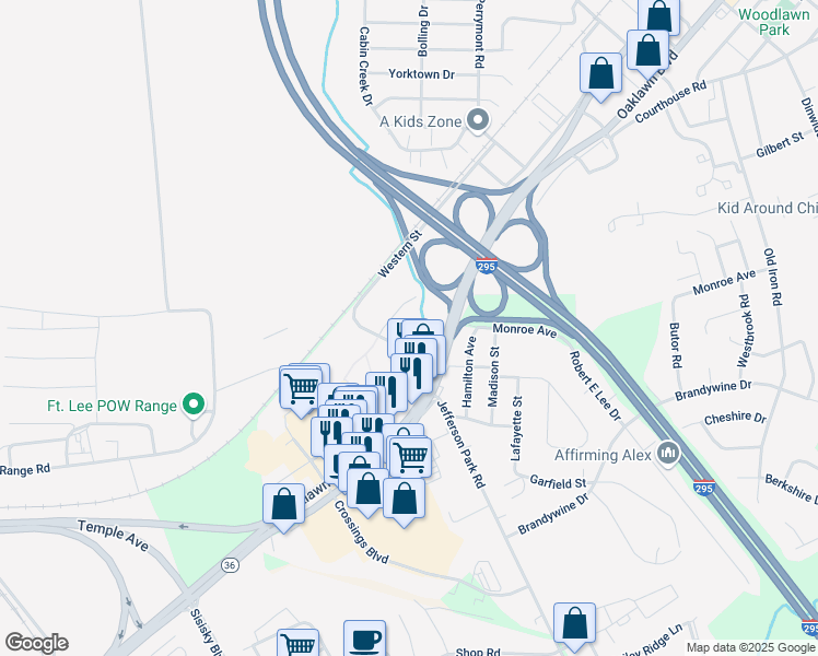 map of restaurants, bars, coffee shops, grocery stores, and more near 905 Cousins Avenue in Hopewell