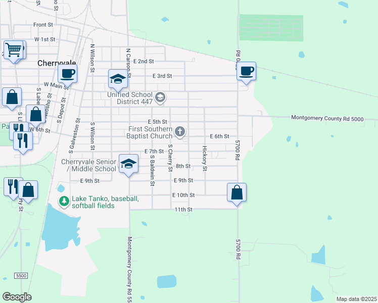 map of restaurants, bars, coffee shops, grocery stores, and more near 800 East 7th Street in Cherryvale