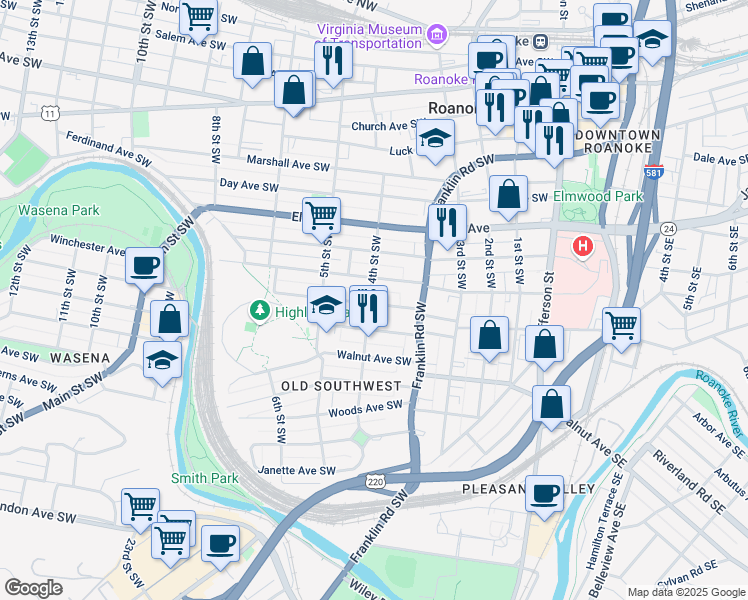 map of restaurants, bars, coffee shops, grocery stores, and more near 381 Washington Avenue Southwest in Roanoke