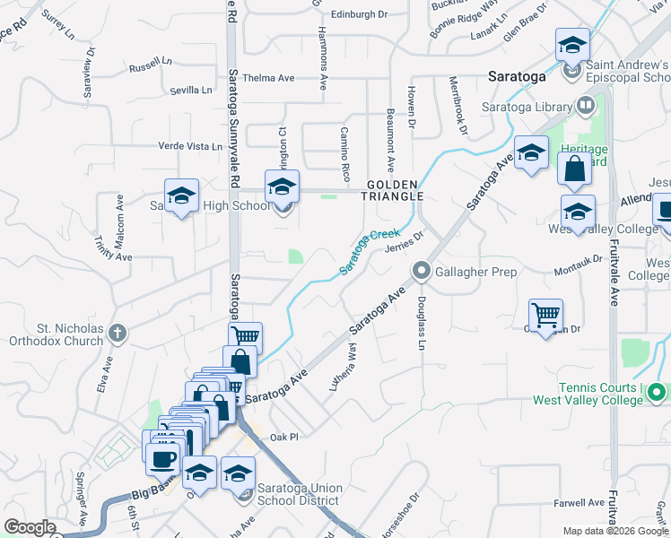 map of restaurants, bars, coffee shops, grocery stores, and more near 13999 Alta Vista Avenue in Saratoga