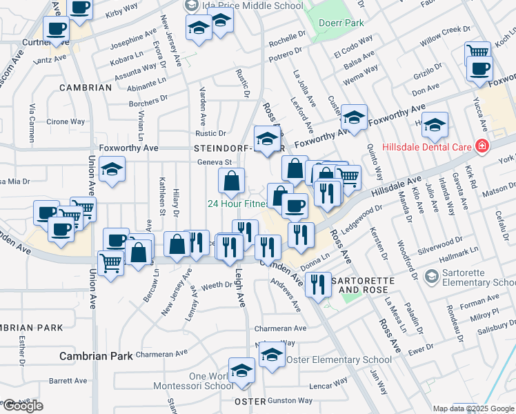 map of restaurants, bars, coffee shops, grocery stores, and more near 3328 Kimber Court in San Jose