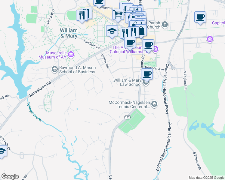 map of restaurants, bars, coffee shops, grocery stores, and more near 413 Idlewood Lane in Williamsburg