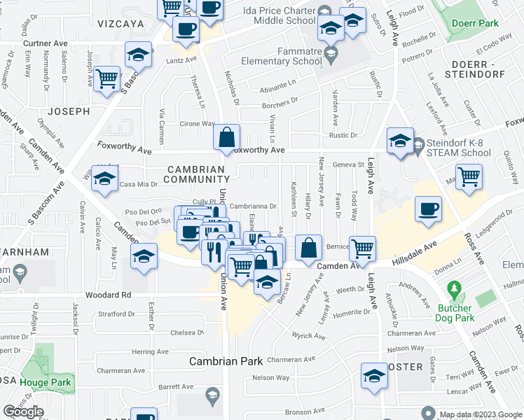map of restaurants, bars, coffee shops, grocery stores, and more near 3319 Browning Avenue in San Jose