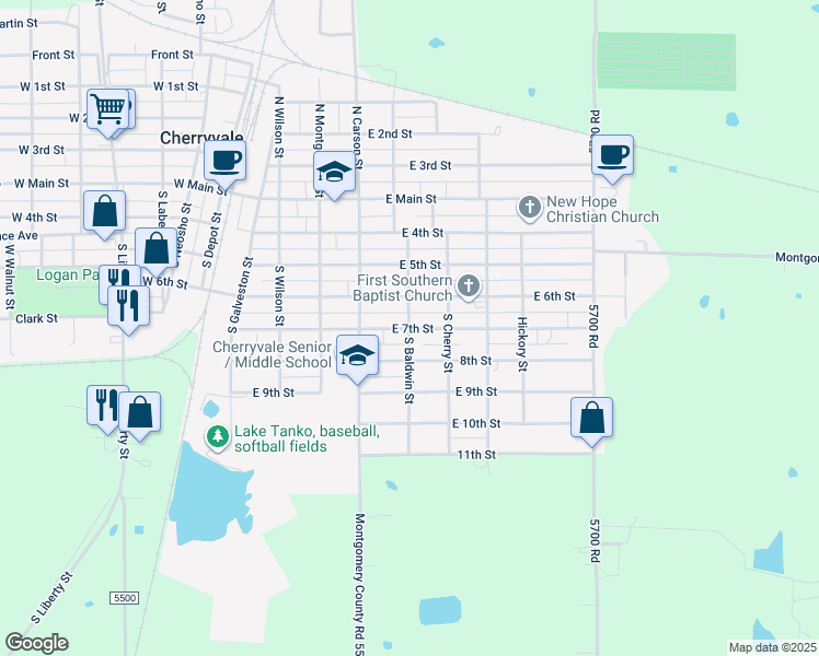 map of restaurants, bars, coffee shops, grocery stores, and more near 600 East 7th Street in Cherryvale