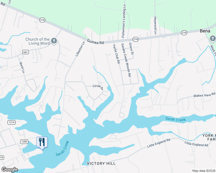 map of restaurants, bars, coffee shops, grocery stores, and more near 8422 Circle Drive in Gloucester Point