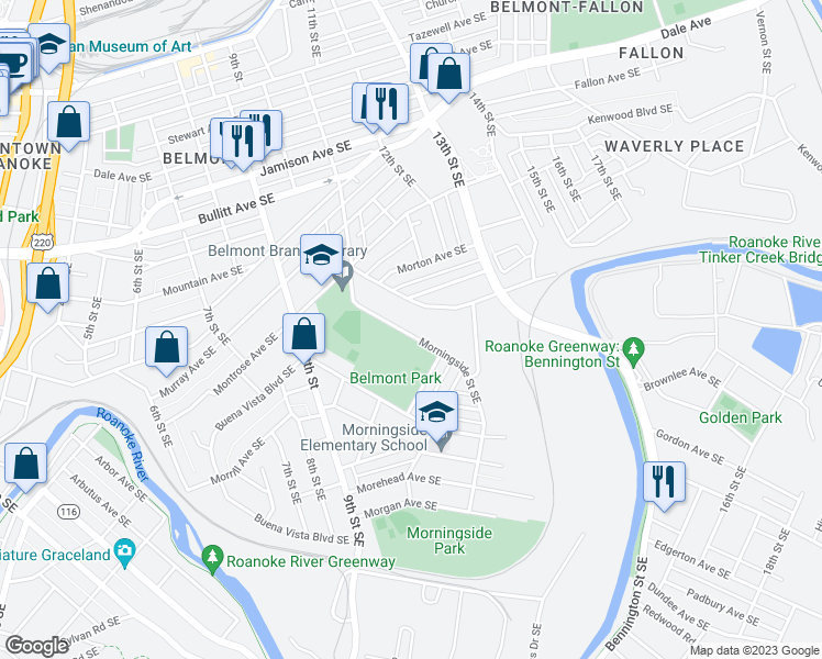 map of restaurants, bars, coffee shops, grocery stores, and more near 1328 Morningside Street Southeast in Roanoke