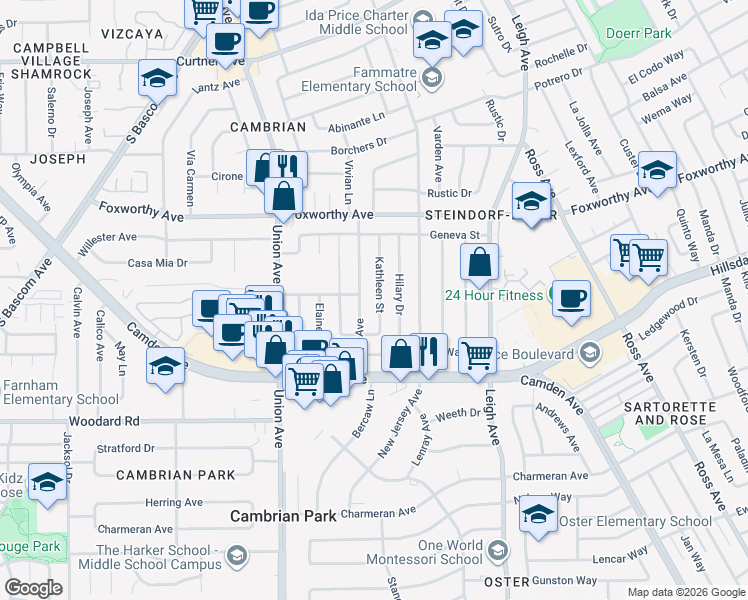 map of restaurants, bars, coffee shops, grocery stores, and more near 3315 Kathleen Street in San Jose