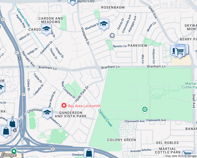 map of restaurants, bars, coffee shops, grocery stores, and more near 374 Violeta Court in San Jose