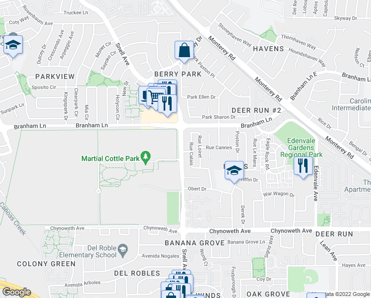 map of restaurants, bars, coffee shops, grocery stores, and more near 4848 Rue Calais in San Jose