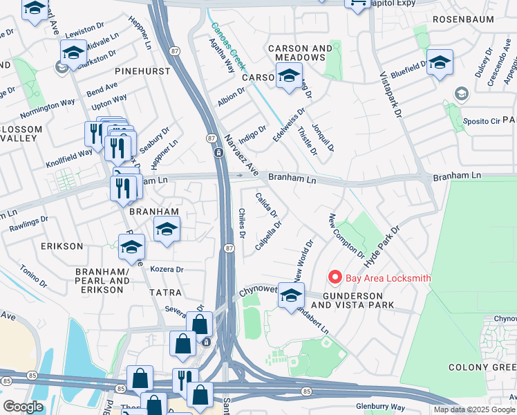 map of restaurants, bars, coffee shops, grocery stores, and more near 614 Biggs Ct in San Jose
