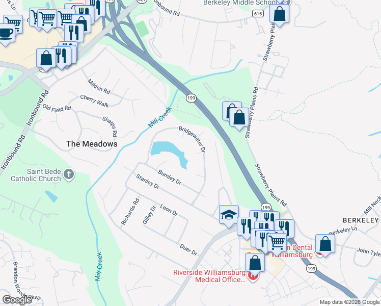 map of restaurants, bars, coffee shops, grocery stores, and more near 4904 Whitehaven Circle in Williamsburg