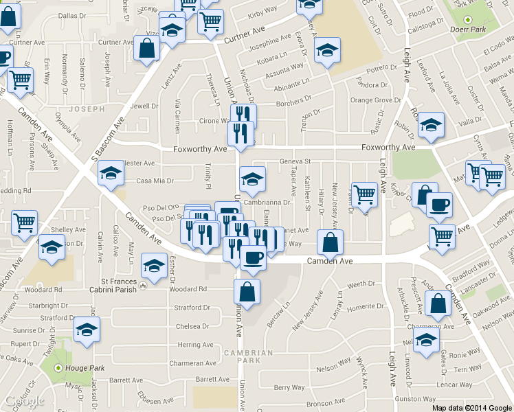 map of restaurants, bars, coffee shops, grocery stores, and more near 3312 Jennifer Way in San Jose