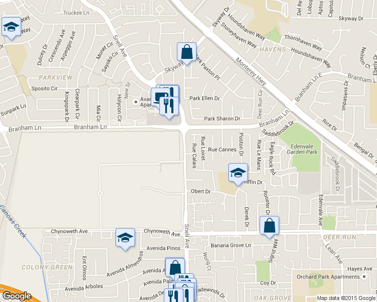 map of restaurants, bars, coffee shops, grocery stores, and more near 4848 Rue Calais in San Jose