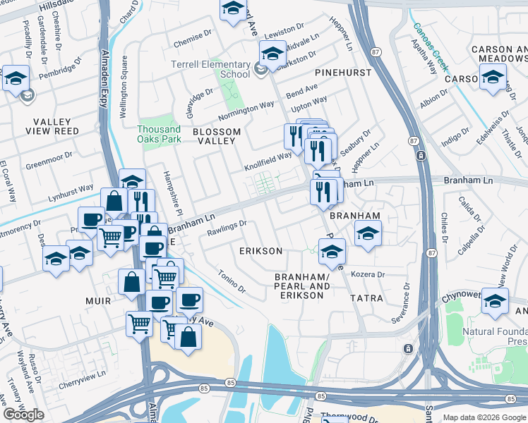 map of restaurants, bars, coffee shops, grocery stores, and more near 4621 Eagle Lake Drive in San Jose