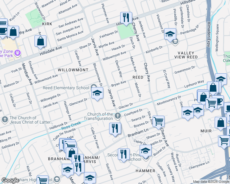 map of restaurants, bars, coffee shops, grocery stores, and more near 4061 Ross Park Drive in San Jose