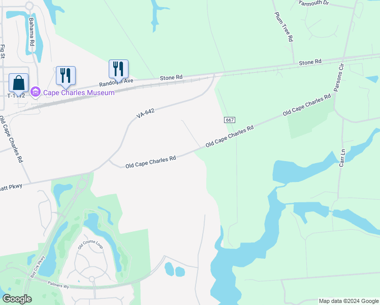 map of restaurants, bars, coffee shops, grocery stores, and more near 2412 Old Cape Charles Road in Cape Charles