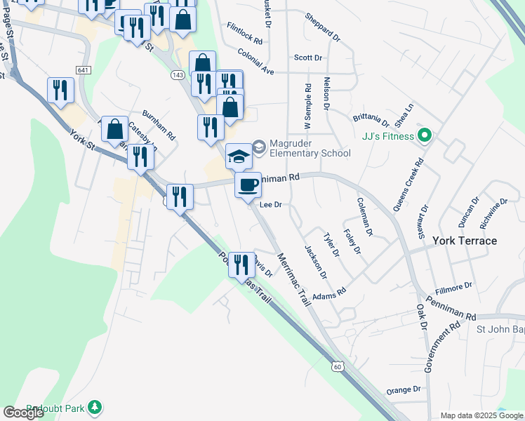 map of restaurants, bars, coffee shops, grocery stores, and more near 7126-7132 Merrimac Trail in Williamsburg