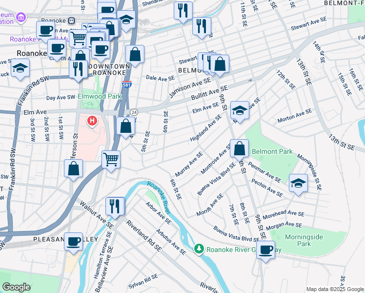 map of restaurants, bars, coffee shops, grocery stores, and more near 629 Highland Avenue Southeast in Roanoke