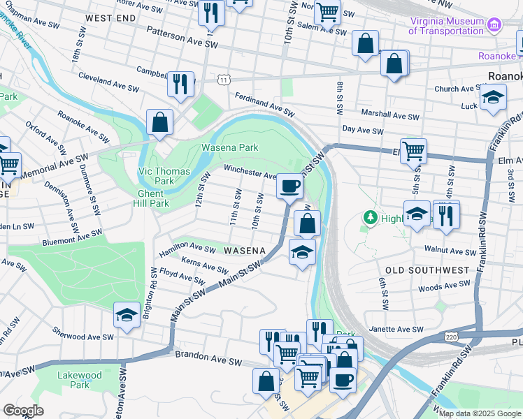 map of restaurants, bars, coffee shops, grocery stores, and more near 1001 Wasena Avenue Southwest in Roanoke