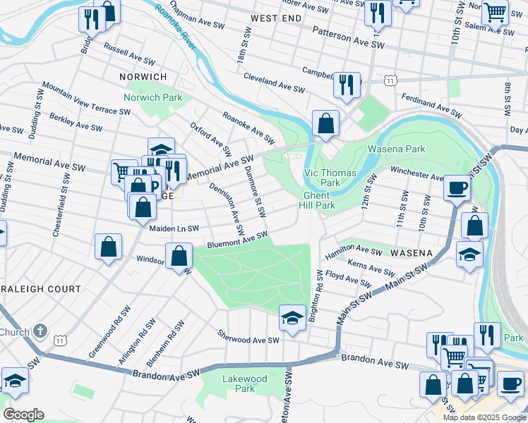 map of restaurants, bars, coffee shops, grocery stores, and more near 1553 Maiden Lane Southwest in Roanoke