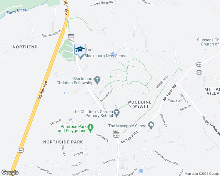 map of restaurants, bars, coffee shops, grocery stores, and more near 203 Vinyard Avenue in Blacksburg