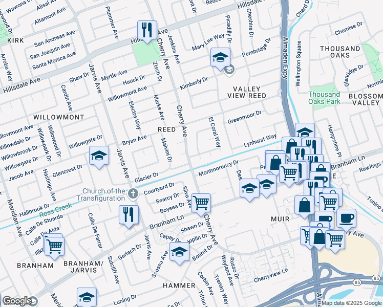 map of restaurants, bars, coffee shops, grocery stores, and more near 4126 Cherry Avenue in San Jose