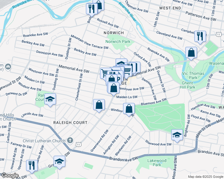 map of restaurants, bars, coffee shops, grocery stores, and more near 2024 Westover Avenue Southwest in Roanoke