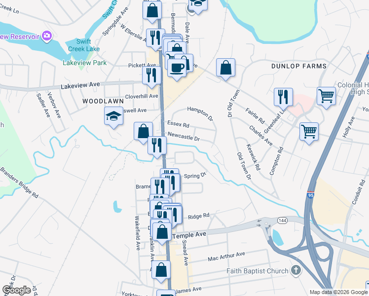 map of restaurants, bars, coffee shops, grocery stores, and more near 202 North Valley Road in Colonial Heights