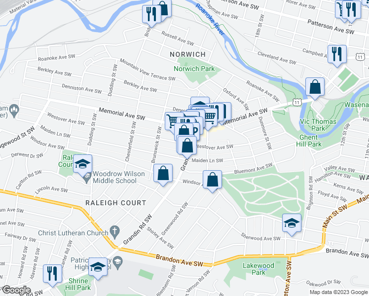 map of restaurants, bars, coffee shops, grocery stores, and more near 1405 Grandin Road Southwest in Roanoke