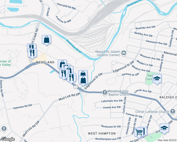 map of restaurants, bars, coffee shops, grocery stores, and more near 1816 Overland Avenue Southwest in Roanoke