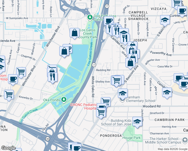 map of restaurants, bars, coffee shops, grocery stores, and more near 1606 White Oaks Road in Campbell
