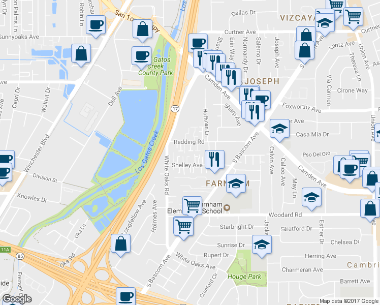 map of restaurants, bars, coffee shops, grocery stores, and more near 112 Redding Road in Campbell