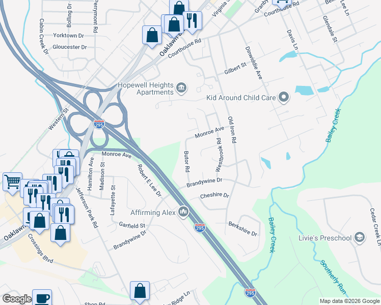 map of restaurants, bars, coffee shops, grocery stores, and more near 3511 Butor Rd in Hopewell